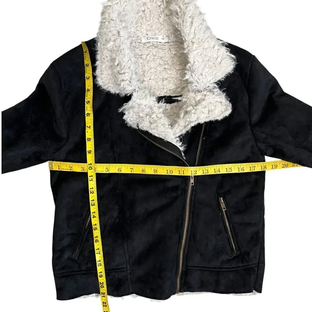 CAGE Black Faux Suede Sherpa Moto Jacket Medium Asymmetrical Zip Biker Coat